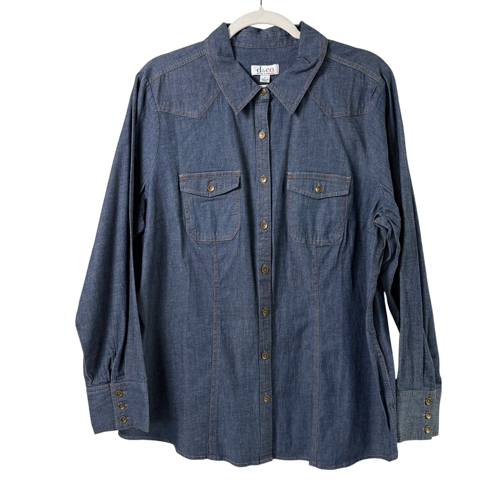 Denim & Co Button Front Shirt Womens L Blue Denim Long Sleeve A256332 NWOT